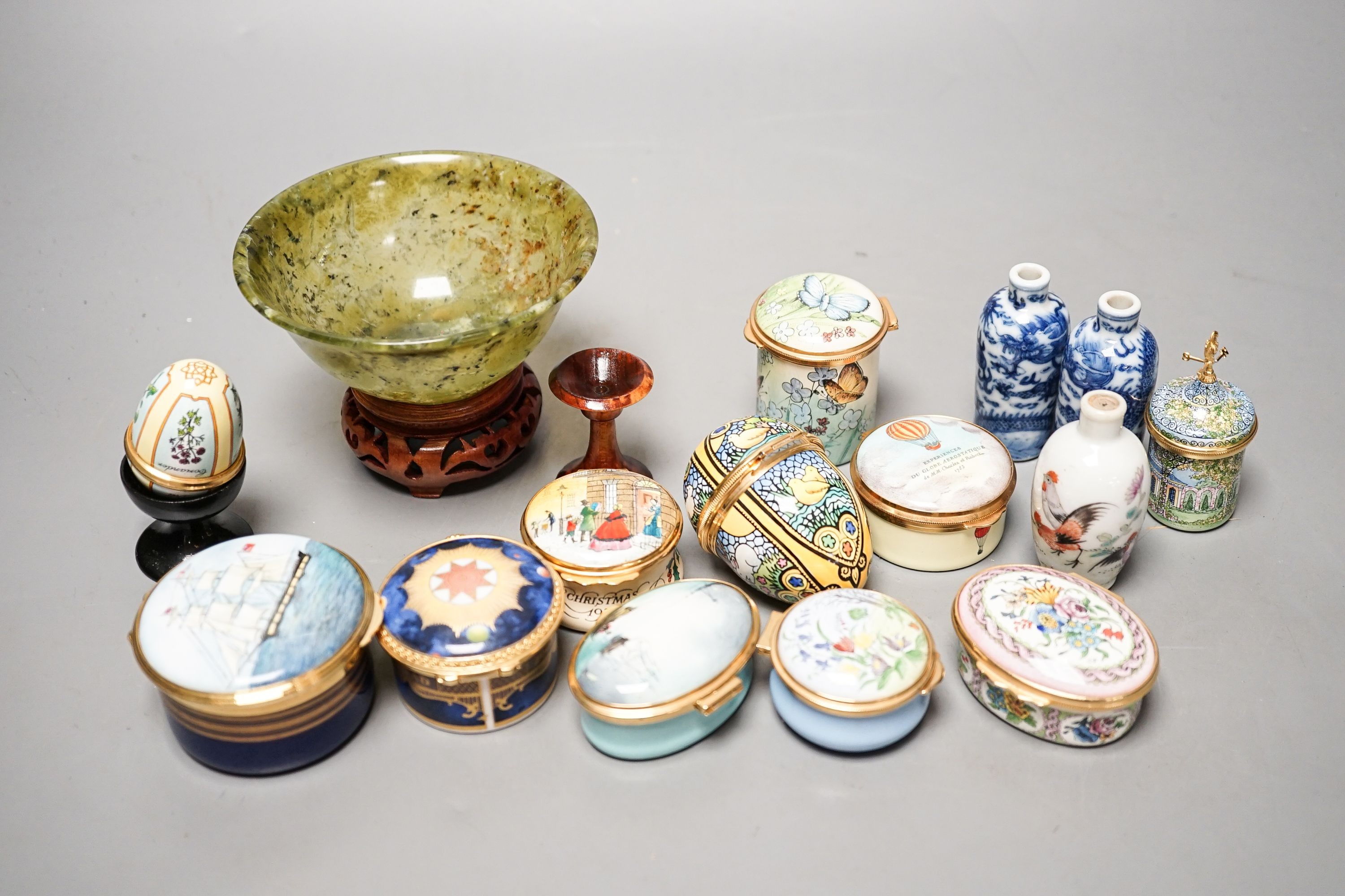 Mixed group of Halcyon days enamel boxes and a green Hardstone bowl